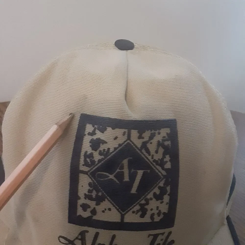 Vintage Alpha Tile We Know Tile 3 Stripe Trucker Hat Beige Blue